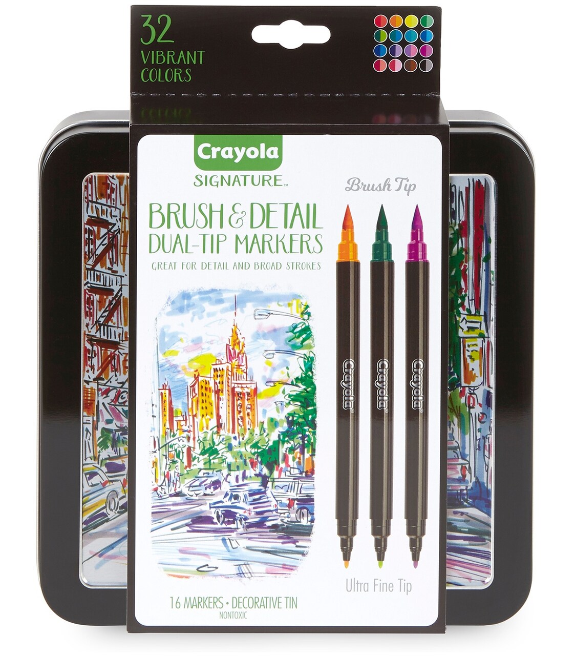 Crayola Signature Brush & Detail Dual-Tip Markers W/Tin-Assorted Colors 16/Pkg